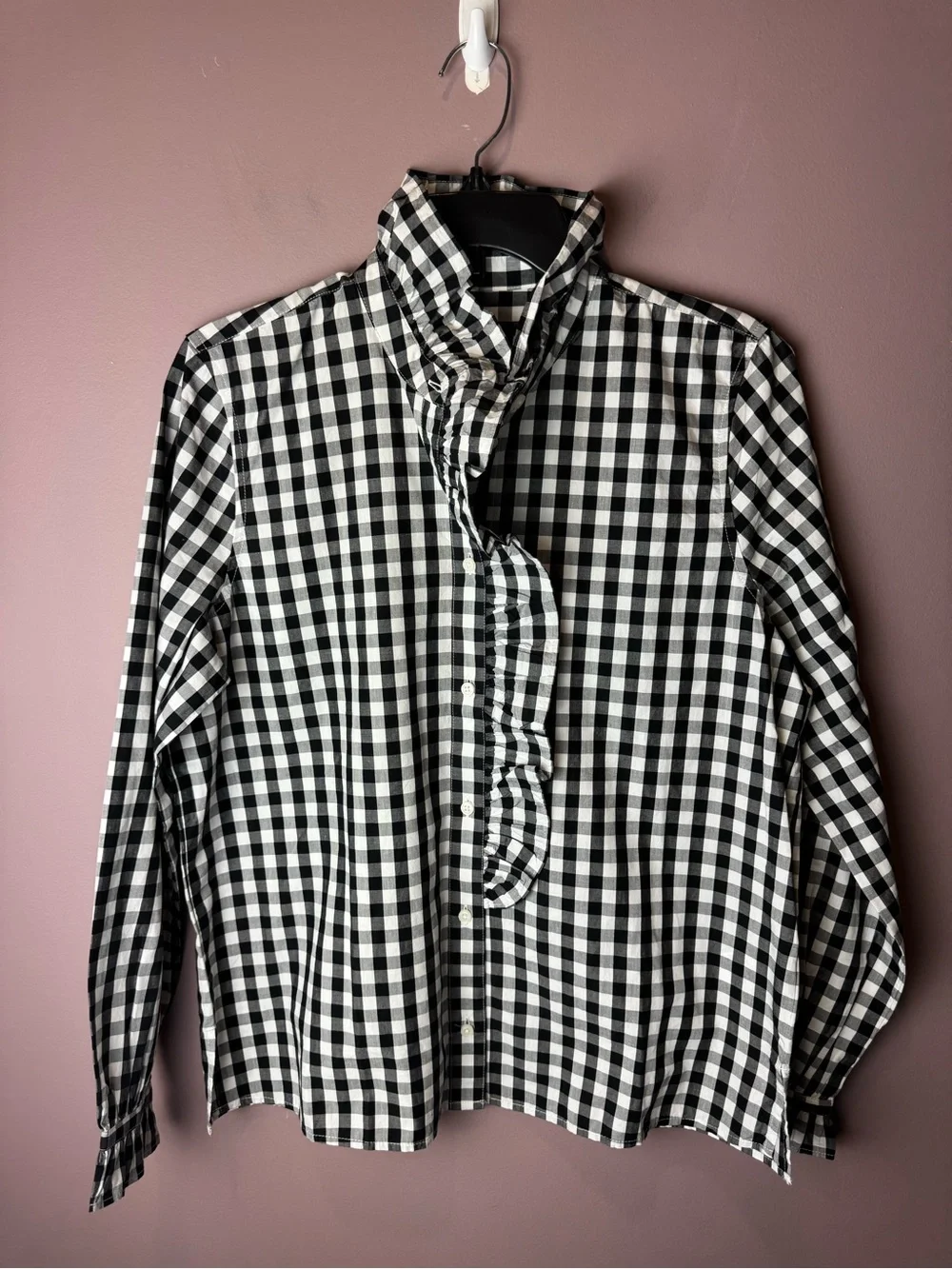 J Crew Black & White Gingham Button-Up Shirt Ruffle BP623